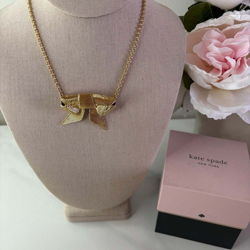 Kate Spade All Wrapped Up Gold Tone Textured Bow Necklace with Box